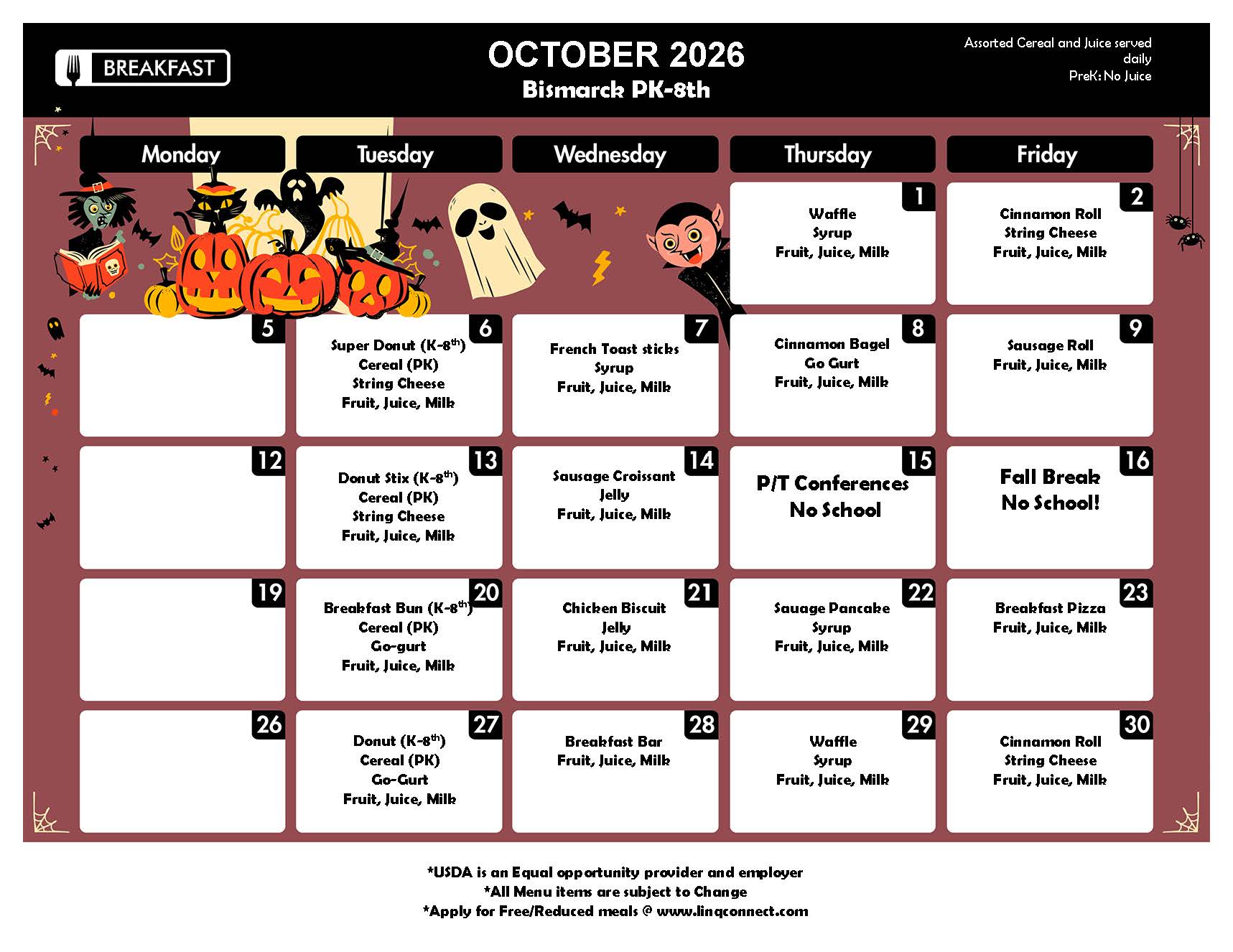 A monthly calendar page for October 2026, featuring a festive Halloween theme with pumpkins, ghosts, and bats across the top.